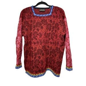 Oleana The Norwegian Story 100% Pure Wool Sweater Red Floral Medium Knit Norway